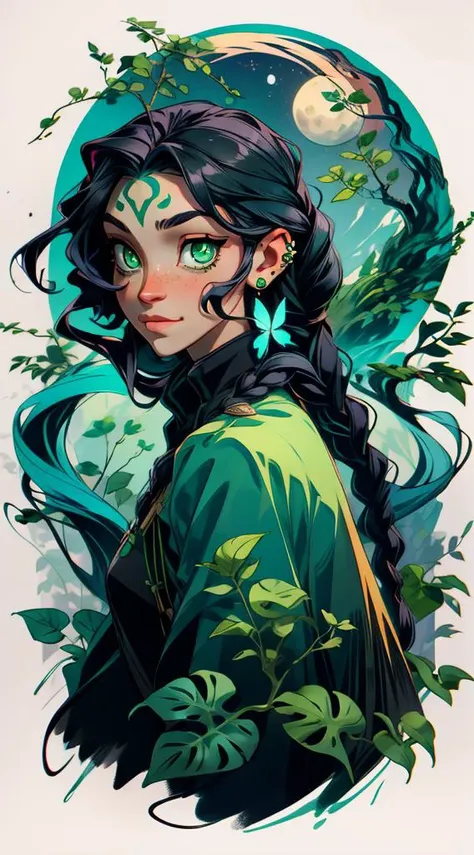 (masterpiece, graphic art), ((art nouveau style)), 1girl, (wise eyes, adult, green eyes, dark pupils), long braid made from leaves, vines, black hair with green vines, teal ombre hair, green vines in hair, leaves in hair, soft freckles on nose, detailed face, symmetrical forehead tattoo, clothes made from leaves and bark, flowing dress made from leaves, gorget, cloak, jewellery, eyebrow piercing, ear piercing, turning into leaves, swirling leaves, bark, wood, natural forms, nature, large moon, moonlight, sky, clouds, updraft, floating leaves, light smile, distant mountains, dynamic pose, butterfly style, depth of field, cowboy shot, backlit, adventure, magical, wild, intricate border, <lora:aportrait:0.5>, <lora:more_details:0.6>