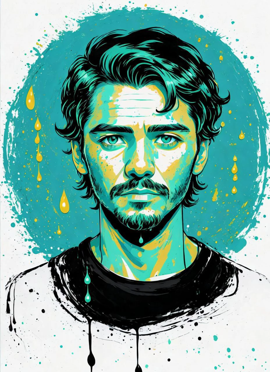 (masterpiece, best quality:1.1), pxint, (1boy:1.05) [pppascal:osisaac:0.2], detailed eyes, portrait, beautiful, looking at viewer, droplets, GO green and Mint green, sparkle, bubble, flowing, with a splash of paint, (abstract:0.8) <lora:abstractPortraits_v1:0.85>