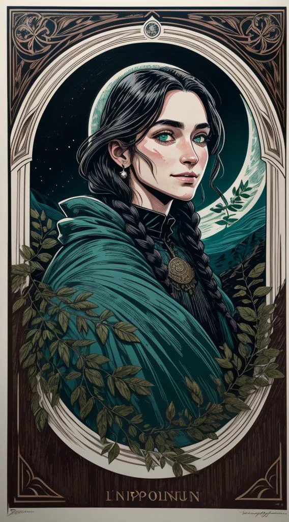 (((graphic art, graphic pen drawing, graphic poster, linocut, linoprint))), ((art nouveau style)), 1girl, (wise eyes, adult, green eyes, dark pupils), long braid made from leaves, vines, black hair with green vines, teal ombre hair, green vines in hair, leaves in hair, soft freckles on nose, detailed face, symmetrical forehead tattoo, clothes made from leaves and bark, flowing dress made from leaves, animals, cloak, jewellery, eyebrow piercing, ear piercing, turning into leaves, swirling leaves, bark, wood, natural forms, nature, large moon, moonlight, sky, clouds, updraft, floating leaves, light smile, distant mountains, dynamic pose, butterfly style, depth of field, cowboy shot, backlit, shadowed face, magical, wild, intricate border, <lora:aportrait:0.5>, <lora:more_details:0.6>