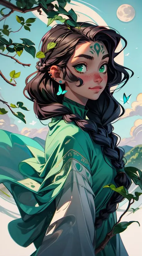 (masterpiece, graphic art), ((art nouveau style)), 1girl, (wise eyes),  adult, green eyes, dark pupils, long braid made from leaves, vines, black hair with green vines, teal ombre, green vines in hair, leaves in hair, soft freckles on nose, detailed face, symmetrical forehead tattoo, clothes made from leaves and bark, flowing dress made from leaves, gorget, cloak, jewellery, eyebrow piercing, ear piercing, turning into leaves, swirling leaves, bark, wood, natural forms, nature, large moon, moonlight, sky, clouds, updraft, floating leaves, light smile, distant mountains, dynamic pose, butterfly style, depth of field, cowboy shot, backlit, adventure, magical, wild, intricate border, <lora:aportrait:0.5>, <lora:more_details:0.6>