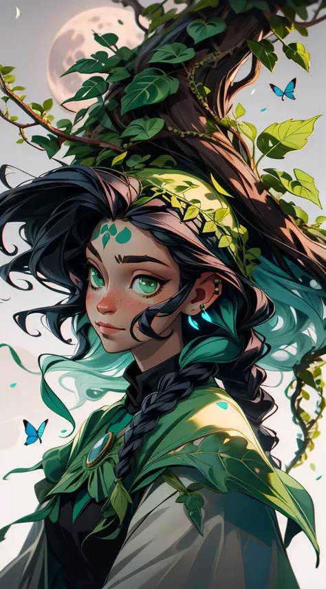 (masterpiece, graphic art), ((art nouveau style)), 1girl, green eyes, dark pupils, long braid made from leaves, vines, black hair with green vines, green vines in hair, leaves in hair, soft freckles on nose, detailed face, glowing moon forehead tattoo, clothes made from leaves and bark, flowing dress made from leaves, gorget, cloak, jewellery, eyebrow piercing, ear piercing, turning into leaves, swirling leaves, bark, wood, natural forms, nature, in sky, clouds, updraft, light smile, distant mountains, dynamic pose, floating leaves, butterfly style, depth of field, cowboy shot, backlit, adventure, magical, wild, intricate border, <lora:aportrait:0.5>, <lora:more_details:0.6>