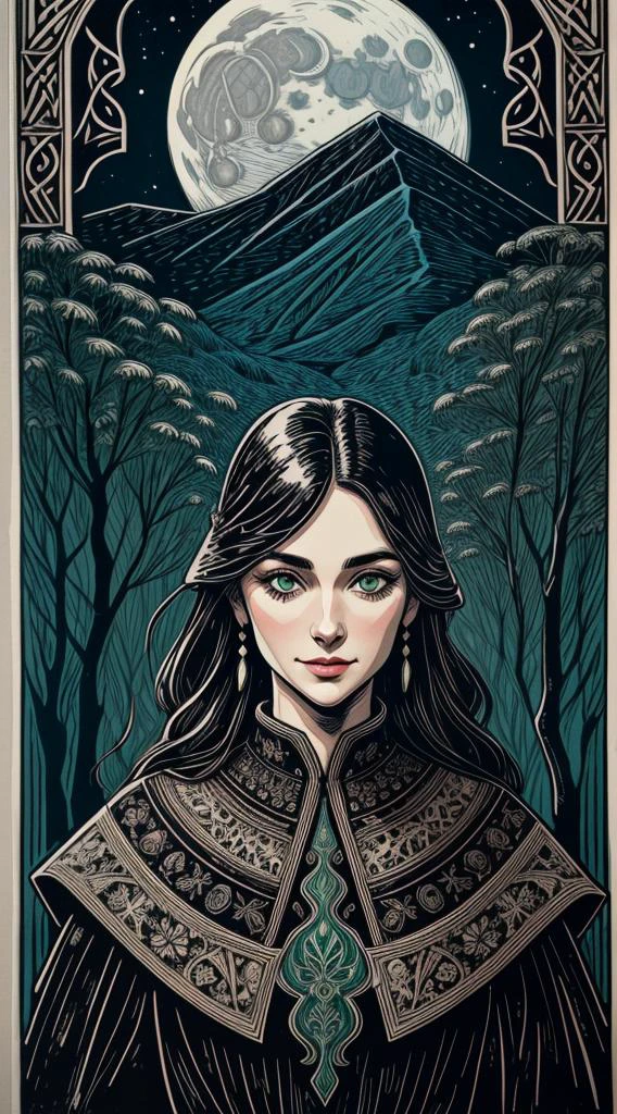 (((linocut, linoprint, graphic art, woodcut))), textured background, ((art nouveau style)), 1girl, celtic styling, intricate border, (wise eyes, adult, green eyes, dark pupils), long braid, vines, black hair with green vines, green vines in hair, leaves in hair, soft freckles on nose, detailed face, symmetrical forehead tattoo, clothes made from leaves and bark, flowing dress made from leaves, animals, owl, fox, cloak, jewellery, piercings, swirling leaves, bark, wood, natural forms, nature, large moon, stars, moonlight, sky, clouds, updraft, floating leaves, light smile, distant mountains, dynamic pose, depth of field, cowboy shot, backlit, shadowed face, magical, wild, <lora:aportrait:0.5>, <lora:more_details:0.6>