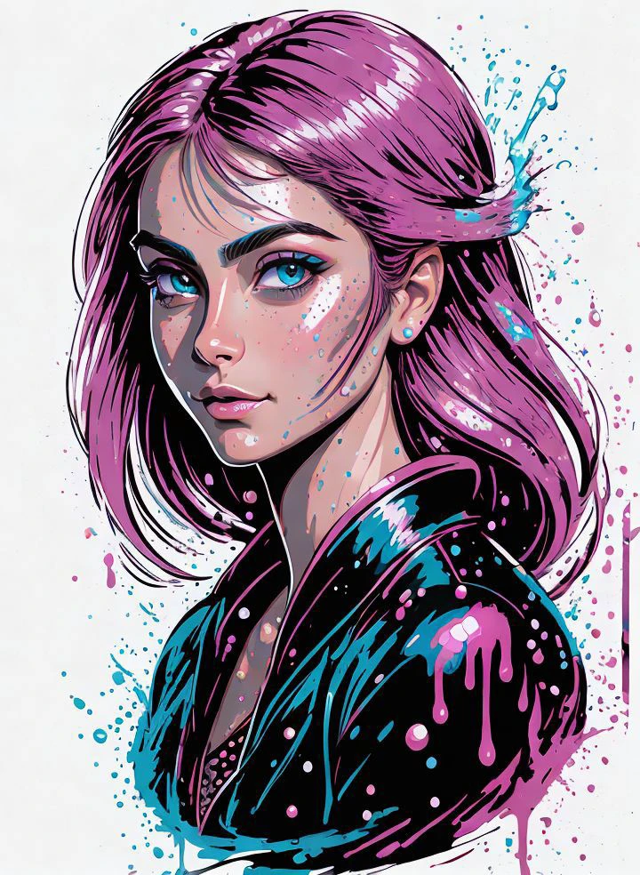 (masterpiece, best quality:1.1), pxint, (1girl:1.05) [caradelevingne_ti:morb4cc4r1n:0.2], detailed eyes, portrait, beautiful, looking at viewer, droplets, Magenta (Crayola) and Spanish pink, sparkle, bubble, flowing, with a splash of paint, (abstract:0.8) <lora:abstractPortraits_v1:0.85>