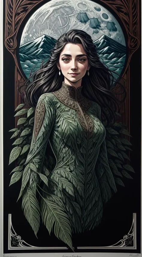 (((graphic art, graphic pen drawing, graphic poster, linocut, linoprint))), ((art nouveau style)), 1girl, (wise eyes, adult, green eyes, dark pupils), long braid made from leaves, vines, black hair with green vines, green vines and  in hair, soft freckles on nose, detailed face, symmetrical forehead tattoo, clothes made from leaves and bark, flowing dress made from leaves, animals, cloak, jewellery, piercings, turning into leaves, swirling leaves, wood, natural forms, nature, large moon, moonlight, sky, clouds, updraft, floating leaves, light smile, distant mountains, dynamic pose, butterfly style, depth of field, cowboy shot, backlit, shadowed face,  magical, wild, intricate border, pen marks, drawing, sketch, pen shading, <lora:aportrait:0.4>, <lora:more_details:0.8>