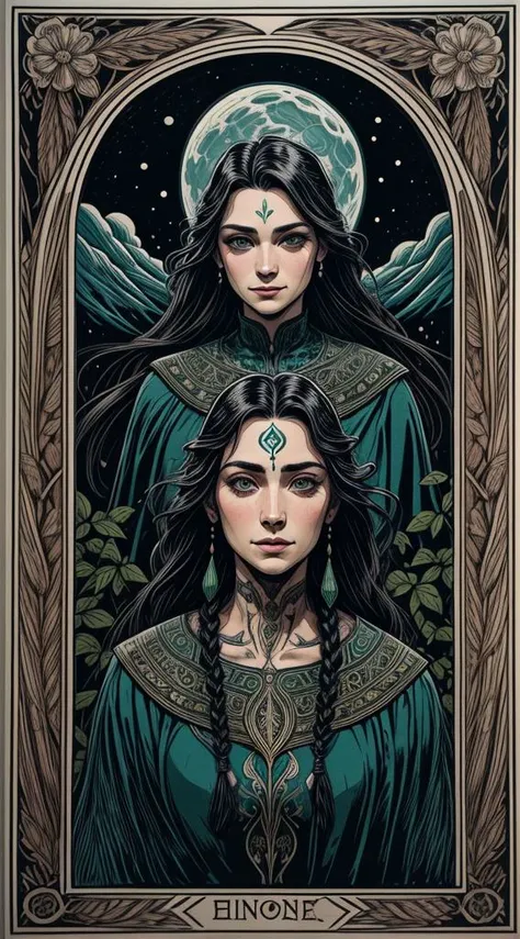 (((graphic art, graphic pen drawing, graphic poster, linocut, linoprint))), ((art nouveau style)), 1girl, (wise eyes, adult, green eyes, dark pupils), long braid made from leaves, vines, black hair with green vines, teal ombre hair, green vines in hair, leaves in hair, soft freckles on nose, detailed face, symmetrical forehead tattoo, clothes made from leaves and bark, flowing dress made from leaves, animals, cloak, jewellery, eyebrow piercing, ear piercing, turning into leaves, swirling leaves, bark, wood, natural forms, nature, large moon, moonlight, sky, clouds, updraft, floating leaves, light smile, distant mountains, dynamic pose, butterfly style, depth of field, cowboy shot, backlit, shadowed face,  magical, wild, intricate border, <lora:aportrait:0.5>, <lora:more_details:0.6>