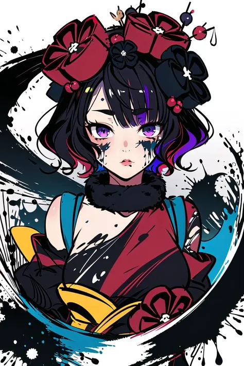 ((masterpiece,best quality, detailed)),
1girl, solo, katsushika hokusai \(fate\), kimono, hair flower, hair stick, fur collar,
portrait, droplets, flowing, with a splash of paint, paint splash, multicolored, looking at viewer, splatter, bubble, swirling, rim lighting, red and purple