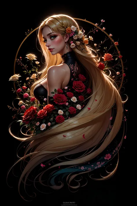 best quality, masterpiece, 1 girl, (head tilted back:1.2), abstract, (surrounded by blossoming flowers:1.2), (flowers, floral theme:1.25), (blonde hair, mid parted hair, straight hair, long hair:1.2), pronounced blush, beautiful green eyes, simple black background, perfect lighting, smooth lighting, (mandala, chaotic patterns, abstract), (fractal art), looking at viewer from side, from side, (flowers, roses:1.25), the most beautiful form of chaos, elegant, a brutalist designed, vivid colour, ecstasy of musical notes, streaming musical notes visible, pxint detailed eyes, beautiful <lora:AbstractPortrait_50_R:0.7>