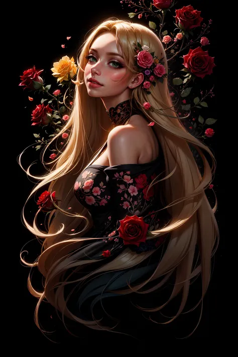 best quality, masterpiece, 1 girl, (head tilted back:1.2), abstract, (surrounded by blossoming flowers:1.2), (flowers, floral theme:1.25), (blonde hair, mid parted hair, straight hair, long hair:1.2), pronounced blush, beautiful green eyes, simple black background, perfect lighting, smooth lighting, (mandala, chaotic patterns, abstract), (fractal art), looking at viewer from side, from side, (flowers, roses:1.25), the most beautiful form of chaos, elegant, a brutalist designed, vivid colour, ecstasy of musical notes, streaming musical notes visible, pxint detailed eyes, beautiful <lora:AbstractPortrait_50_R:0.7>