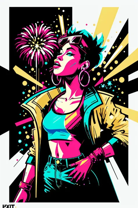 A stylized modern art LazrPopAI pxint poster of Chinese-American Jubilee in her 20's, wearing an open yellow jubJak jacket, hoop earrings, short black hair, high contrast, hand raised, (fireworks), sparks, stars, scattered, cinematic, neon glow, ([white background:abstract shapes background:20]:1.4), (3 color, yellow pink blue).
<lora:jubilee-10:1> <lora:LazrPopAI-000013:0.7> <lora:abstractPortraits_v1:0.3>