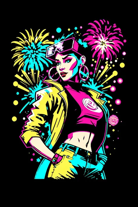 A stylized modern art LazrPopAI pxint poster of Chinese-American Jubilee in her 20's, wearing an open yellow jubJak jacket, hoop earrings, short black hair, high contrast, hand raised, (fireworks), sparks, stars, scattered, cinematic, neon glow, ([white background:abstract shapes background:20]:1.4), (3 color, yellow pink blue).
<lora:jubilee-10:1> <lora:LazrPopAI-000013:0.7> <lora:abstractPortraits_v1:0.3>