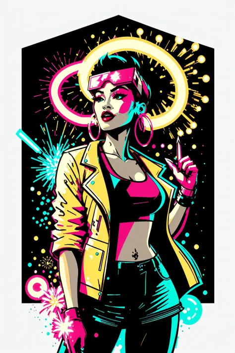 A stylized modern art LazrPopAI pxint poster of Chinese-American Jubilee in her 20's, wearing an open yellow jubJak jacket, hoop earrings, short black hair, high contrast, hand raised, (fireworks), sparks, stars, scattered, cinematic, neon glow, ([white background:abstract shapes background:20]:1.4), (3 color, yellow pink blue).
<lora:jubilee-10:1> <lora:LazrPopAI-000013:0.7> <lora:abstractPortraits_v1:0.3>