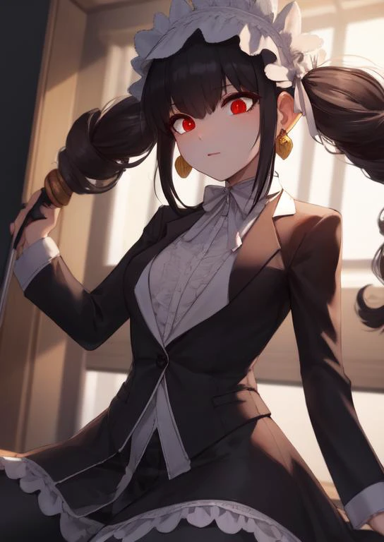 (masterpiece, best quality:1.2), extremely detailed, soft ambient lighting, sharp focus, 4K, BREAK <lora:celestialudenbergtest-clean:1>, celestia ludenberg, black hair, bonnet, drill hair, earrings, long hair, (red eyes:1.5), twin drills, twintails, BREAK looking at viewer,