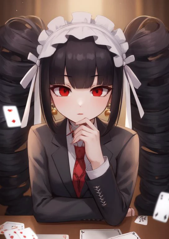 (masterpiece, best quality:1.2), extremely detailed, soft ambient lighting, sharp focus, 4K, BREAK <lora:celestialudenbergtest-clean:1>, celestia ludenberg, black hair, bonnet, drill hair, earrings, long hair, (red eyes:1.5), twin drills, twintails, BREAK looking at viewer, bonnet, card, claw ring, frills, gothic, jacket, jewelry, gothic fashion, long sleeves, necktie, red necktie, shirt, white shirt,