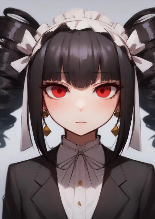 (masterpiece, best quality:1.2), extremely detailed, soft ambient lighting, sharp focus, 4K, BREAK <lora:celestialudenbergtest-clean:1>, celestia ludenberg, black hair, bonnet, drill hair, earrings, long hair, (red eyes:1.5), twin drills, twintails, BREAK looking at viewer,