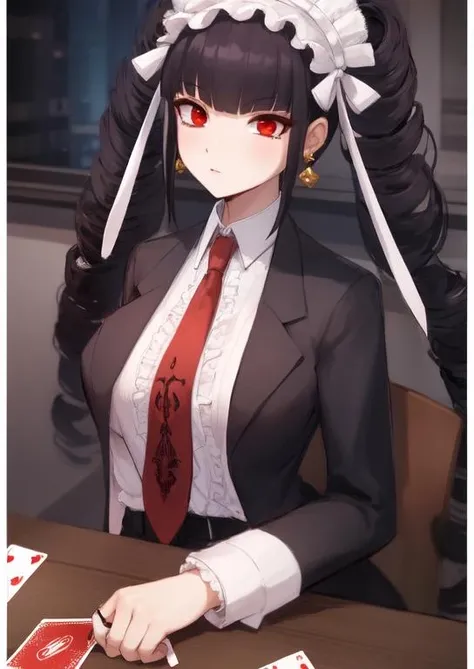 (masterpiece, best quality:1.2), extremely detailed, soft ambient lighting, sharp focus, 4K, BREAK <lora:celestialudenbergtest-clean:1>, celestia ludenberg, black hair, bonnet, drill hair, earrings, long hair, (red eyes:1.5), twin drills, twintails, BREAK looking at viewer, bonnet, card, claw ring, frills, gothic, jacket, jewelry, gothic fashion, long sleeves, necktie, red necktie, shirt, white shirt,