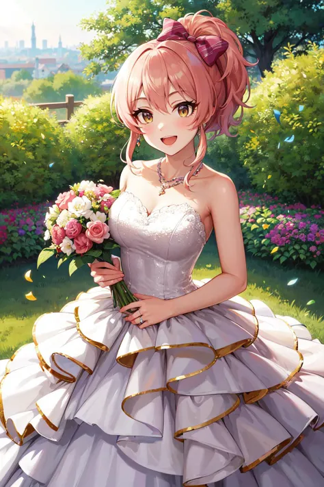masterpiece, best quality, highres, Jougasaki Mika, ponytail, hair bow, wedding dress, strapless, necklace, white dress, garden, standing, cowboy shot, holding bouquet, open mouth, smile, confetti,