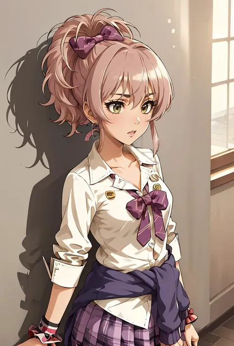 (masterpiece, best quality), 1girl, <lora:jougasaki_mika_v1:1> aamika, ponytail, hair bow, collarbone, school uniform, striped, bowtie, collared shirt, white shirt, sleeves rolled up, wrist scrunchie, clothes around waist, plaid skirt, purple skirt