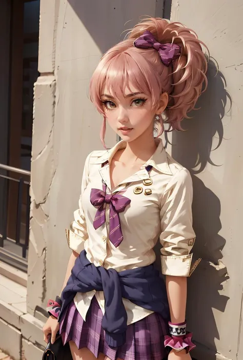 (masterpiece, best quality), 1girl, <lora:jougasaki_mika_v1:1> aamika, ponytail, hair bow, collarbone, school uniform, striped, bowtie, collared shirt, white shirt, sleeves rolled up, wrist scrunchie, clothes around waist, plaid skirt, purple skirt