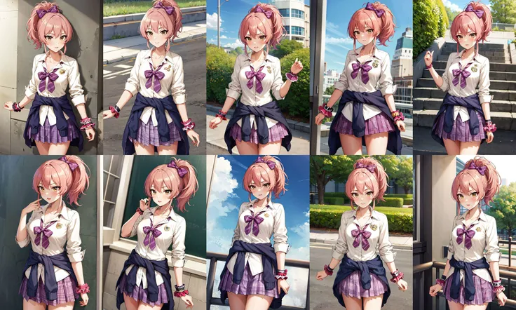 masterpiece, best quality, highres, aamika, ponytail, hair bow, collarbone, school uniform, striped, bowtie, collared shirt, white shirt, sleeves rolled up, wrist scrunchie,, clothes around waist, plaid skirt, purple skirt, <lora:jougasaki_mika_v1:0.7>, standing, cowboy shot, outdoors