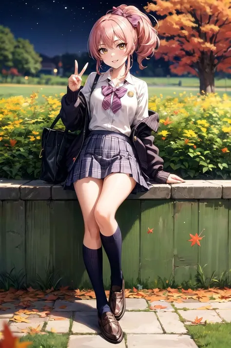 (masterpiece, best quality, detailed), 1girl, solo, looking at viewer, <lora:jougasaki_mika_v1:0.7>, aamika, ponytail, hair bow, school uniform, long sleeves, outdoors, garden, night, bush, autumn, autumn leaves, (peace sign), hand up, double peace, hands up, full body, pleated skirt, white shirt, collared shirt, plaid skirt, plaid, cardigan, kneehighs, loafers, grass, flower, smile, parted lips