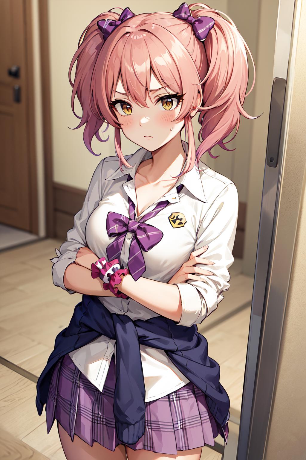 Anime girl with pink hair and purple tie standing in front of a door ...