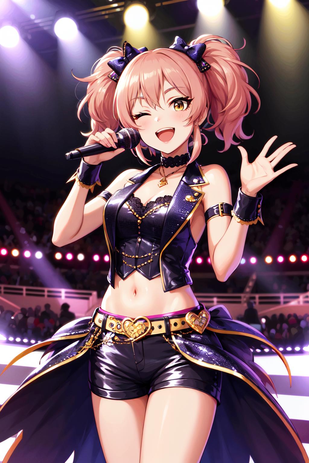 A woman in a black outfit and a black top is standing on a stage ...