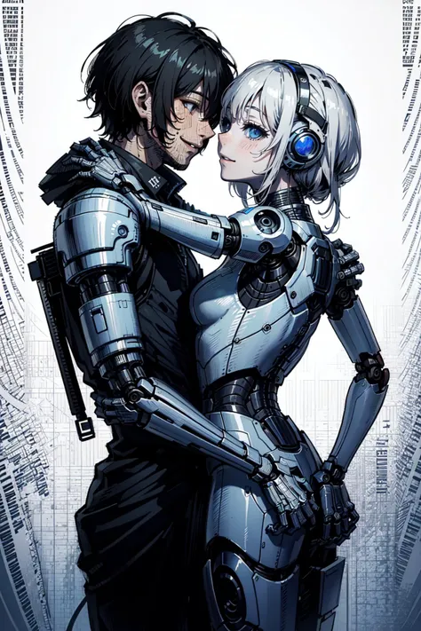 (1 perfect human male, tall, charming with a smile, affectionate, without mechanical limbs,kiss his robot lover's forehead:1.3),
(1 robot girl,short, shy, staring at lover,fluster:1.3),
couple, relaxed, gloomy,(perfect detail hands,perfect detail fingers,perfect detail eyes,perfect detail face:1.3),happiness,
official art, hearts
<lora:robotlove:0.2> robotlove
(extremely detailed CG unity 16k wallpaper,best quality,extreme quality,masterpiece,ultra-detailed,backlight,:1.3), <lora:TypographyArtStyle:0.76>tp art