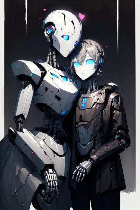 super detailed, (glowing background:1.25),(best art,masterpiece,best quality,perfect ratio,:1.5),
(dark paper, white line,robotlove theme,:1.3)
,8k,high-res,highest details,
(1 black human male:1.3),(1 robot girl:1.3), couple, relaxed, gloomy,perfect detail hands,perfect detail fingers,happiness,
official art, hearts, <lora:robotlove:0.5> <lora:add_detail:1>