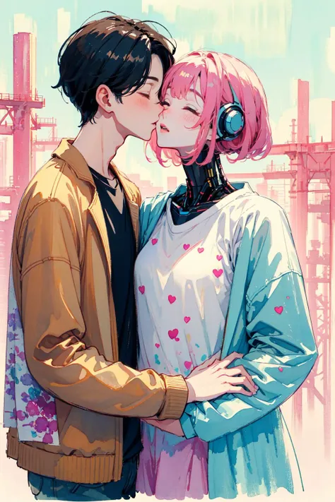 gynobotkissing human_boy , 1boy john with 1girl, gentle kiss, girl has short pink hair, boy has black hair, hearts,(close eyes:1.3),
(bright watercolor style,comfort,pastel painting illustration,concise,watercolor rendering,natural rendering,pigments mix naturally:1.3),
<lora:robotlove:0.8>