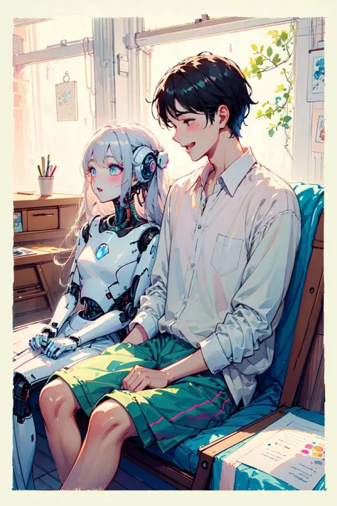 official art, cute robotgirl and tall handsome man having fun, laughing, relaxed, gloomy,
(moist paper,bright watercolor style,comfort,pastel painting illustration,concise,watercolor rendering,natural rendering,pigments mix naturally:1.3),
<lora:robotlove:0.8>  <lora:GoodHands-beta2:0.3>