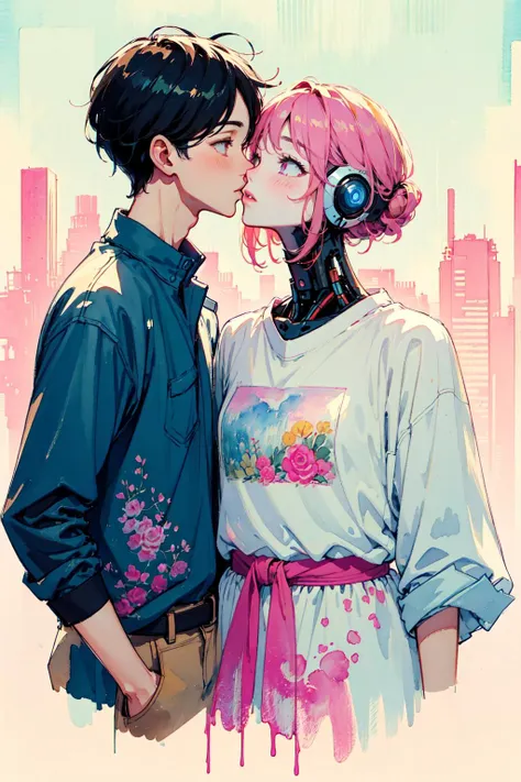 gynobotkissing human_boy , 1boy john with 1girl, gentle kiss, girl has short pink hair, boy has black hair, hearts
(moist paper,bright watercolor style,comfort,pastel painting illustration,concise,watercolor rendering,natural rendering,pigments mix naturally:1.3),
<lora:robotlove:0.8>  <lora:GoodHands-vanilla:0.3>