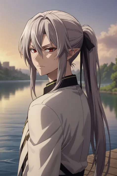 score_9, score_8_up, score_7_up, source_anime, rating_safe, intricate details, anime screencap, anime coloring, , looking at viewer, depth of field, 1boy, solo, male focus, <lora:ferid_bathory_pony:0.9>, ferid_bathory, grey hair, red eyes, long hair, hair between eyes, pointy ears, ponytail, cowboy shot, lake, midnight, ass, angry, , <lora:sdxl_lightning_8step_lora:1>