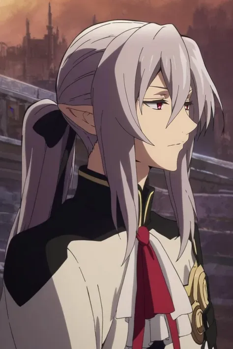 score_9, score_8_up, score_7_up, source_anime, rating_safe, , anime screencap, , official style, , , 1boy, solo, male focus, <lora:ferid_bathory_pony:0.98>, ferid_bathory, grey hair, red eyes, long hair, hair between eyes, pointy ears, ponytail, profile, prairie, noon, arm support, distracted, aloof, oblivious, knight costume, <lora:sdxl_lightning_8step_lora:1>