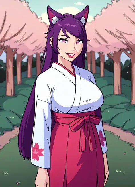highres,masterpiece,Derpixon, 1girl, solo, <lora:Derpixon-48:1>, very long hair, purple hair, cowboy shot, large breasts, white kimono, floral print,long sleeves, (black hakama skirt), red lips, smile, garden, cherry blossoms, cherry trees, animal ears