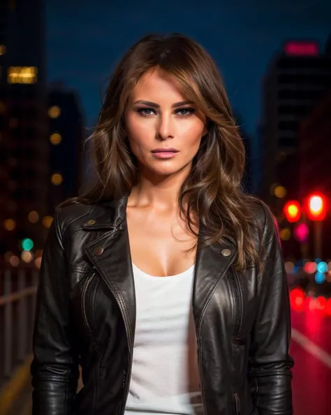 photo of melania as a beautiful female model, georgia fowler, beautiful face, with short dark brown hair, in cyberpunk city at night. She is wearing a leather jacket, black jeans, dramatic lighting, (police badge:1.2)
<lora:Melania:0.85>
