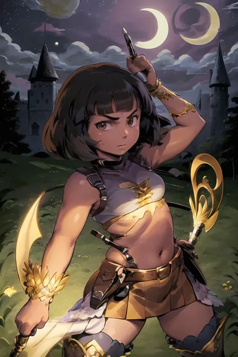 <lora:EtrianV2:1.0> 1girl, solo, full body, looking at camera, from front, facing viewer, human girl, rogue outfit, (holding dagger:1.2), dual wielding daggers, battle pose, fighting stance, guarding,
<lora:doraTheExplorer_v10:0.7>, dora, backpack, dark hair, short hair, bob haircut, brown eyes, bracelet, purple top, pink skirt,
standing on the edge of a castle in a fantasy city with tall towers, night, (at night, moon, moonlight, full moon:1.4), (masterpiece:1.2) (illustration:1.2) (best quality:1.2) (detailed) (intricate) (8k) (HDR) (cinematic lighting) (sharp focus)
<lora:everlastingNightmare_v10:0.8>