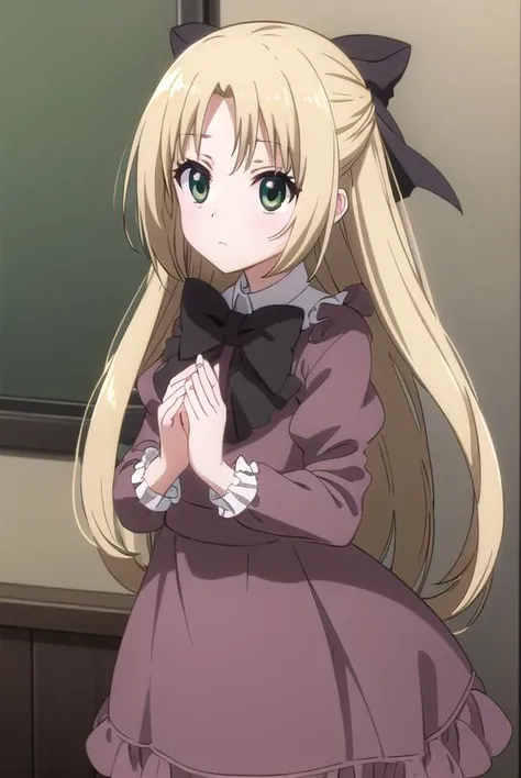 chizuruakaba, <lora:elise toudou s2-lora-nochekaiser:1>,
elise toudou, long hair, blonde hair, (parted bangs:1.5), (green eyes:1.3),
BREAK bow, hair bow, bowtie, dress, frills, puffy sleeves, purple dress, skirt,
BREAK indoors, classroom,
BREAK looking at viewer, (cowboy shot:1.5),
BREAK <lyco:GoodHands-beta2:1>, (masterpiece:1.2), best quality, high resolution, unity 8k wallpaper, (illustration:0.8), (beautiful detailed eyes:1.6), extremely detailed face, perfect lighting, extremely detailed CG, (perfect hands, perfect anatomy),