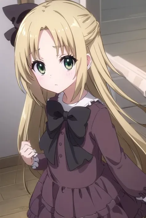 chizuruakaba, <lora:elise toudou s2-lora-nochekaiser:1>,
elise toudou, long hair, blonde hair, (parted bangs:1.5), (green eyes:1.3),
BREAK bow, hair bow, bowtie, dress, frills, puffy sleeves, purple dress, skirt,
BREAK indoors, classroom,
BREAK looking at viewer, (cowboy shot:1.5),
BREAK <lyco:GoodHands-beta2:1>, (masterpiece:1.2), best quality, high resolution, unity 8k wallpaper, (illustration:0.8), (beautiful detailed eyes:1.6), extremely detailed face, perfect lighting, extremely detailed CG, (perfect hands, perfect anatomy),