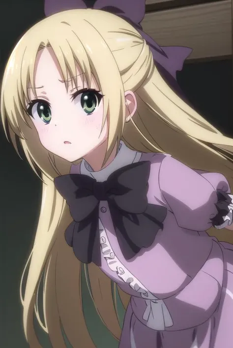 chizuruakaba, <lora:elise toudou s2-lora-nochekaiser:1>,
elise toudou, long hair, blonde hair, (parted bangs:1.5), (green eyes:1.3),
BREAK bow, hair bow, bowtie, dress, frills, puffy sleeves, purple dress, skirt,
BREAK indoors, classroom,
BREAK looking at viewer, (cowboy shot:1.5),
BREAK <lyco:GoodHands-beta2:1>, (masterpiece:1.2), best quality, high resolution, unity 8k wallpaper, (illustration:0.8), (beautiful detailed eyes:1.6), extremely detailed face, perfect lighting, extremely detailed CG, (perfect hands, perfect anatomy),