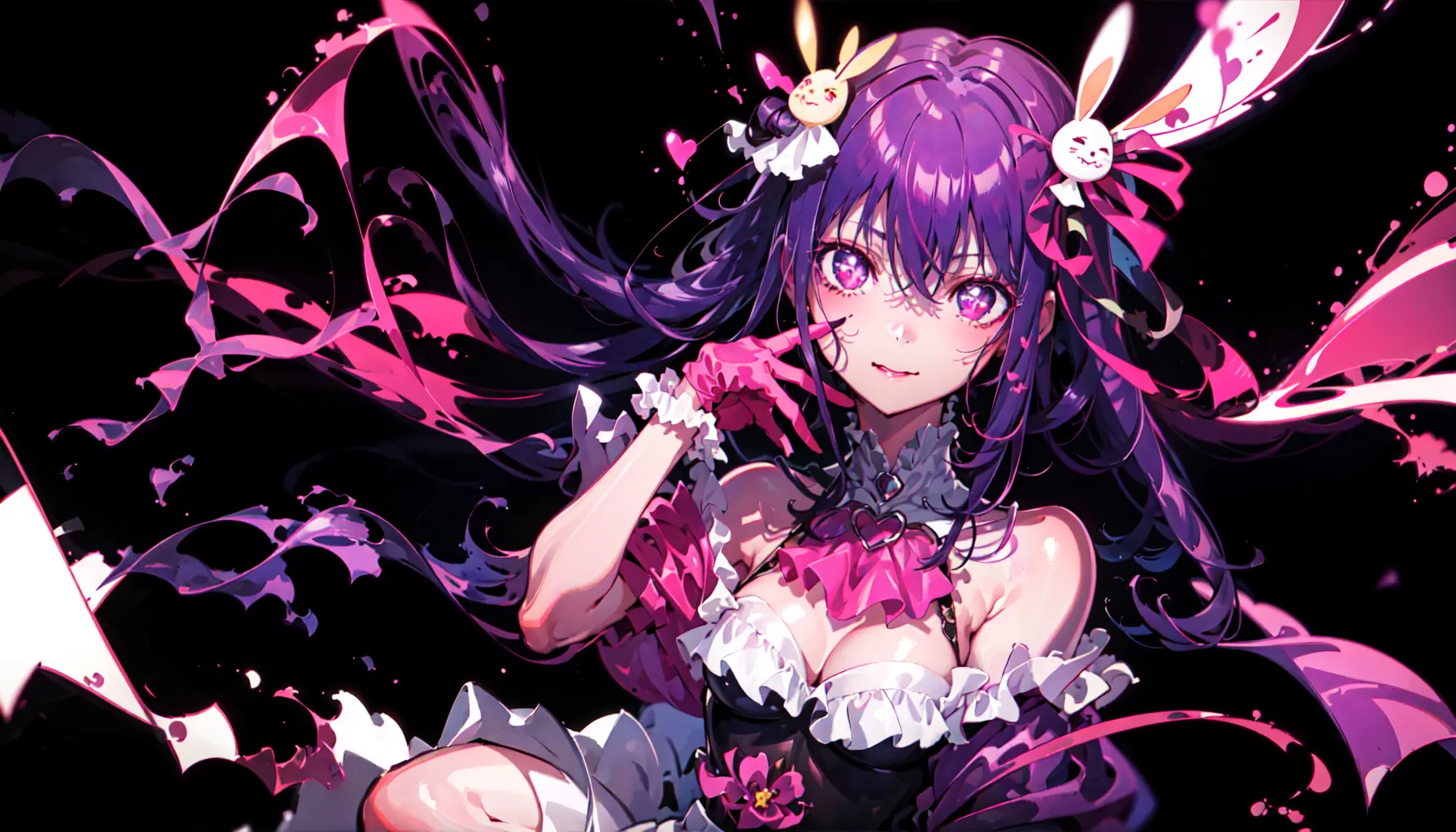 masterpiece, best quality, ultra-detailed,solo, hoshinoai, skirt, pink gloves, hair ornament, looking at viewer, heart, purple eyes, light purple hair