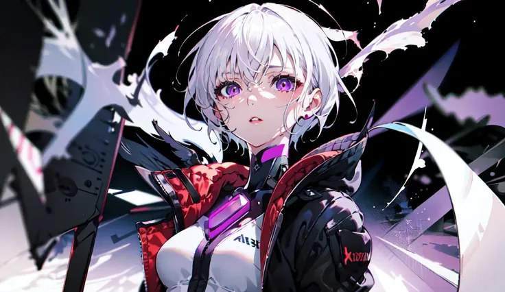 solo, lucy (cyberpunk), short hair, parted lips, bangs, looking at viewer, upper body, 1girl, jacket, black background, purple eyes, bodysuit,white hair