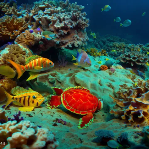 Photograph of a coral reef with colorful fish and a sea turtle underwater <lora:ReaPhoLoRA-10:1>, (good composition), (in frame), centered, 8k, 4k, detailed, attractive, beautiful, impressive, photorealistic, realistic, cinematic composition, volumetric lighting, high-resolution, vivid, detailed, stunning, professional, lifelike, crisp, flawless, DSLR, 4k, 8k, 16k, 1024, 2048, 4096, detailed, sharp, best quality, high quality, highres, absurdres