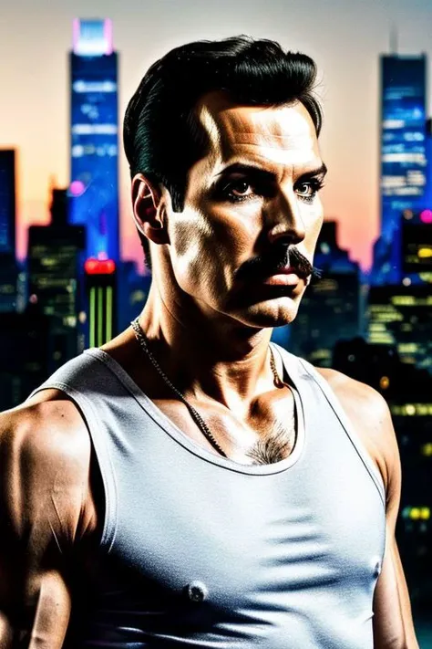 freddy mercury from queen, pretty face, silver face implants, cyborg arms, morph, white tank top, sweat, chest hair, city lights, hyperrealistic, 8k, real photo shoot