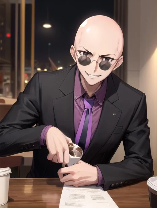 best quality, masterpiece, highres, detailed, perfect anatomy, <lora:Detail - add_detail:0.2>, <lora:Character - MasanoriV:0.8>, suit, jacket, necktie, purple necktie, sunglasses, graveyard, evil smile, bald, cafe, drinking coffee, black coffee,
