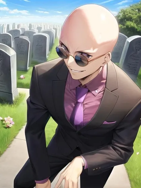 best quality, masterpiece, highres, detailed, perfect anatomy, <lora:Detail - add_detail:0.2>, <lora:Character - MasanoriV:0.8>, suit, jacket, necktie, purple necktie, sunglasses, graveyard, evil smile, bald, japanese graveyard,