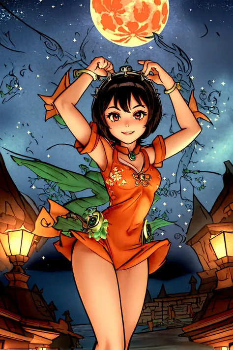 masterpiece, ultra-detailed, best quality, illustration, 8k cg wallpaper, an extremely delicate and beautiful, 1girl, Velma /(Scooby Doo/), solo, perfect anatomy, smiling, blushing, orange clothes, perfect arms, perfect hands, perfect fingers, perfect legs, cute, pretty, beautiful, sexy, perfect body, (background: graveyard, tombstones, night sky, moon, stars, intricately detailed items in background), <lora:Okami_style:1>