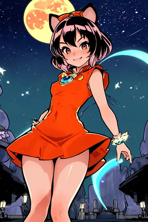 masterpiece, ultra-detailed, best quality, illustration, 8k cg wallpaper, an extremely delicate and beautiful, 1girl, Velma /(Scooby Doo/), solo, perfect anatomy, smiling, blushing, orange clothes, perfect arms, perfect hands, perfect fingers, perfect legs, cute, pretty, beautiful, sexy, perfect body, (background: graveyard, tombstones, night sky, moon, stars, intricately detailed items in background), <lora:Okami_style:1>