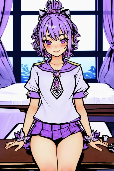 masterpiece, ultra-detailed, best quality, illustration, 8k cg wallpaper, an extremely delicate and beautiful, 1girl, solo, perfect anatomy, cute face, smiling, blushing, sparkling eyes, deep purple eyes, beautiful detailed eyes, lavender hair, short hair, disheveled hair, cute hair accessories, cute earrings, cute necklace, slim body, medium breasts, formal school uniform, perfect arms, perfect hands, perfect fingers, cute arm accessories, cute hand accessories, perfect legs, cute, pretty, beautiful, sexy, perfect body, (background: castle bedroom, bed, desk, chair, window, intricately detailed items in background), <lora:Okami_substance:1>