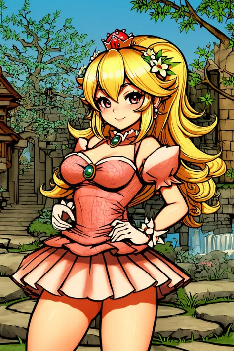 masterpiece, ultra-detailed, best quality, illustration, 8k cg wallpaper, an extremely delicate and beautiful, 1girl, Princess Peach /(Super Mario Bros/), solo, perfect anatomy, smiling, blushing, perfect arms, perfect hands, perfect fingers, perfect legs, cute, pretty, beautiful, sexy, perfect body, (background: castle courtyard, grass, trees, flowers, gate, intricately detailed items in background), <lora:Okami_substance:0.9>