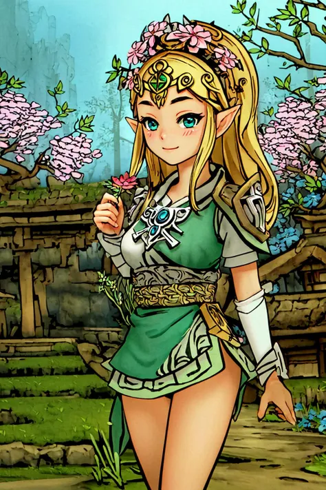 masterpiece, ultra-detailed, best quality, illustration, 8k cg wallpaper, an extremely delicate and beautiful, 1girl, Princess Zelda /(The Legend of Zelda/), solo, perfect anatomy, smiling, blushing, perfect arms, perfect hands, perfect fingers, perfect legs, cute, pretty, beautiful, sexy, perfect body, (background: flowery field, grass, trees, flowers, ruins, intricately detailed items in background), <lora:Okami_style:0.9>